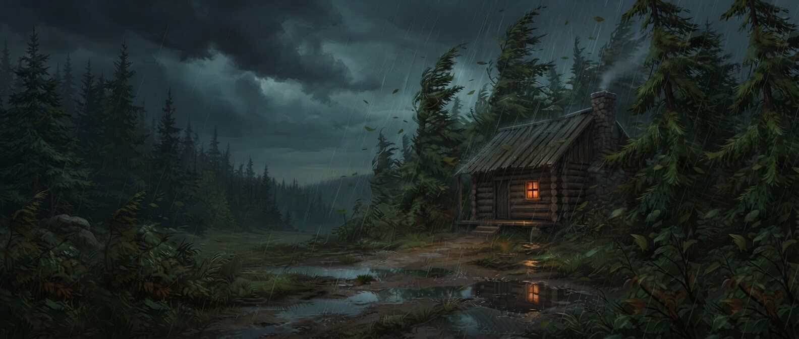 A log cabin with one lit window, in a rainstorm among bending spruce