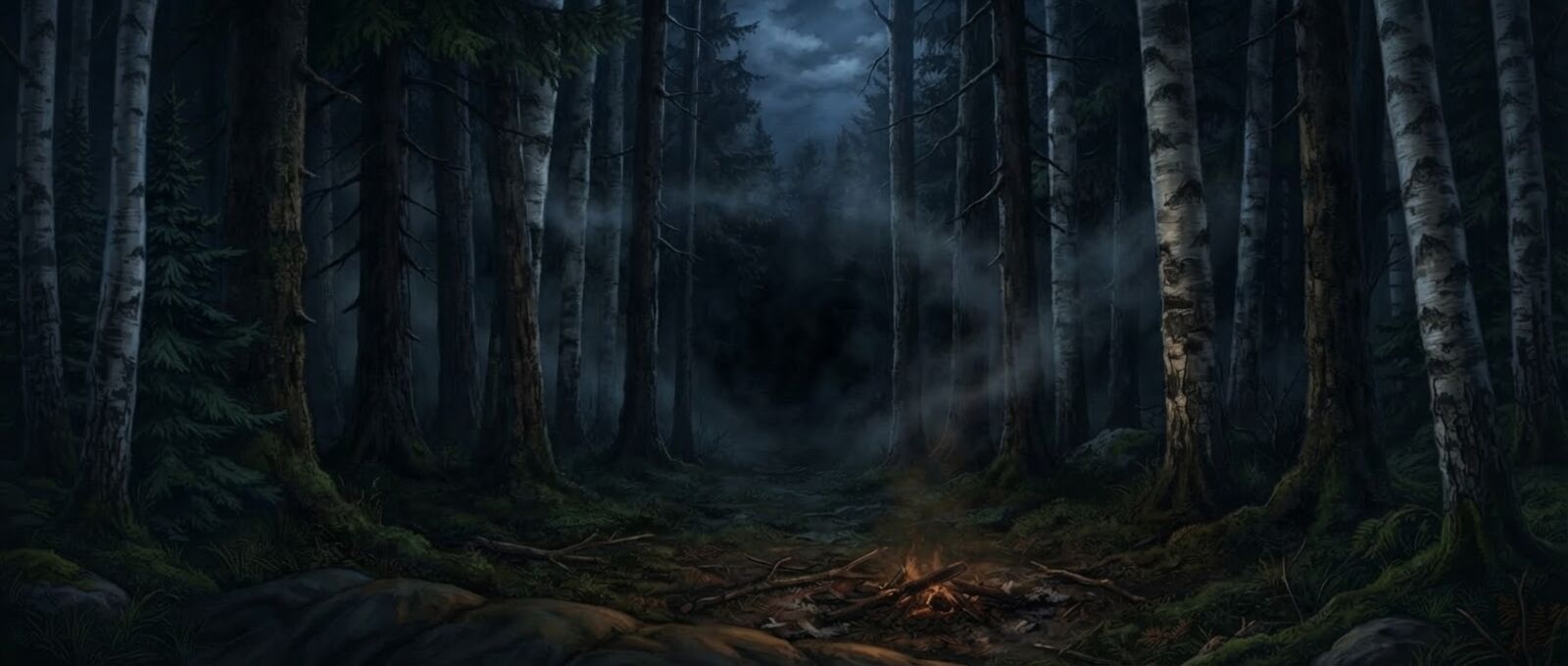 A dark forest at night, mist between the trunks, a fire burned down to embers