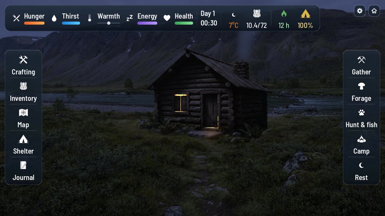 A small log cabin at night by a river, one window lit and smoke from the chimney