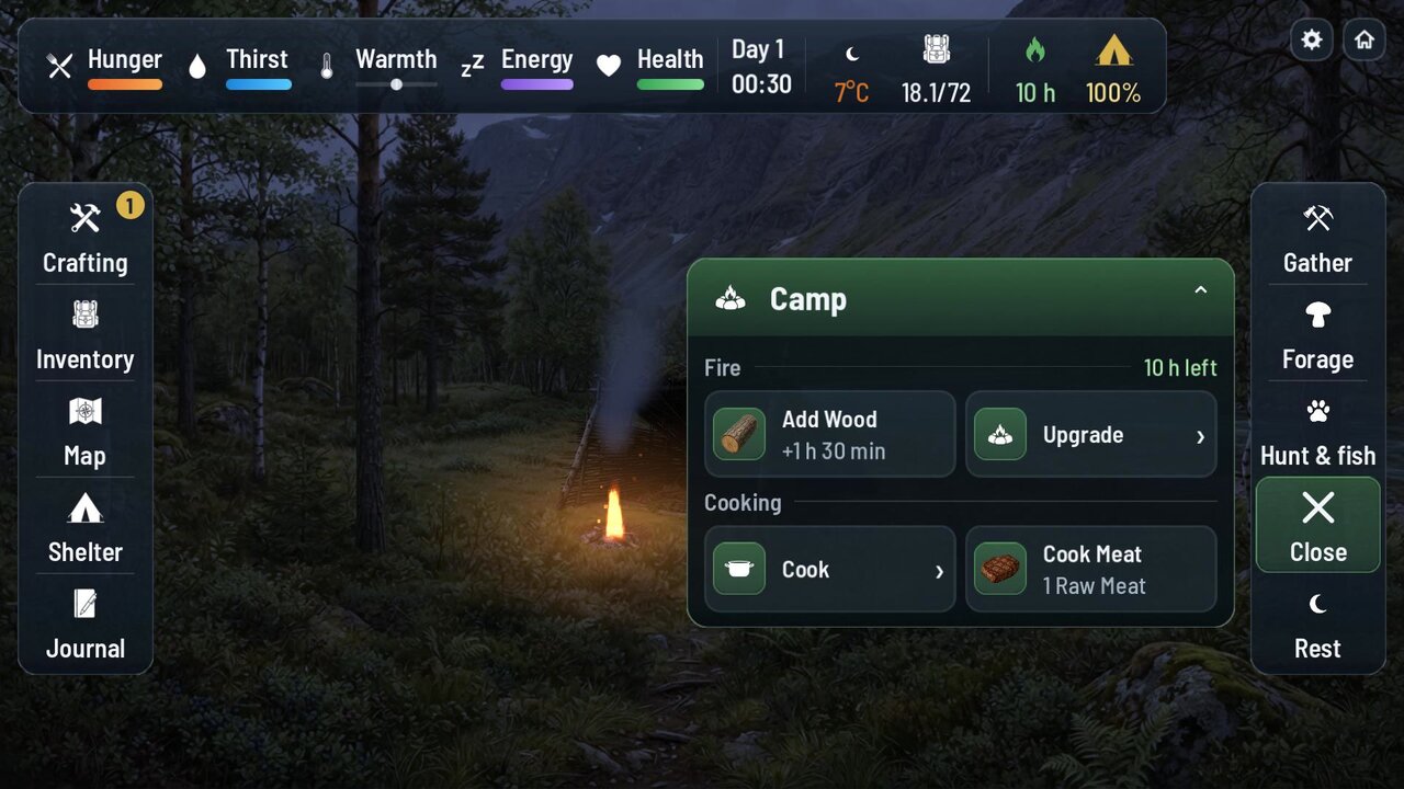 A lean-to at night with a fire going, the Camp sheet open: add wood, cook